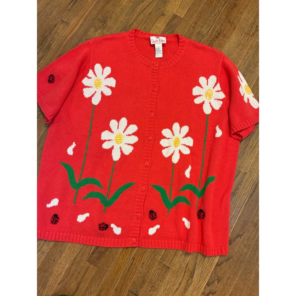 Quacker Factory Vintage Red Daisy Ladybug Sequin Cardigan Sweater 2X SS